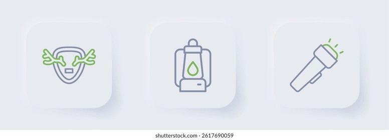 Set line Flashlight, Camping lantern and Deer antlers on shield icon. Vector