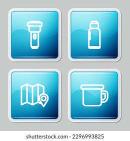 Set line Flashlight, Canteen water bottle, Location of the forest on map and Camping metal mug icon. Vector