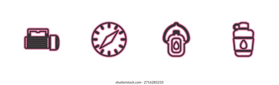 Set línea linterna, botella de agua de la cantina, brújula e icono. Vector
