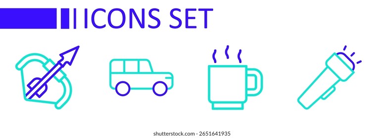 Set line Flashlight, Coffee cup, Safari car and Medieval bow and arrow icon. Vector