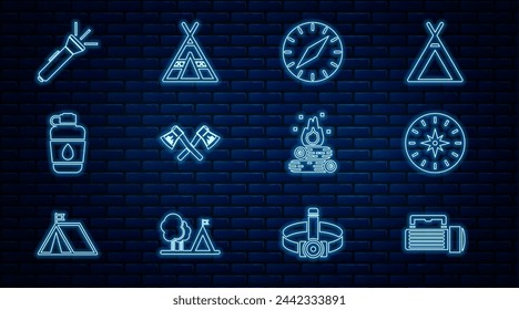 Set line Flashlight, Compass, Crossed wooden axe, Canteen water bottle, Campfire and Tourist tent icon. Vector