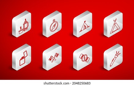 Set line Flashlight, Compass, Tourist tent with flag, Thermos container, Crossed wooden axe and Lighter icon. Vector
