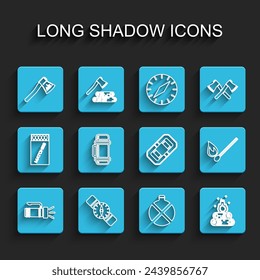 Set line Flashlight, Compass, Wooden axe, Canteen water bottle, Campfire, Thermos container, Burning match with and Rafting boat icon. Vector