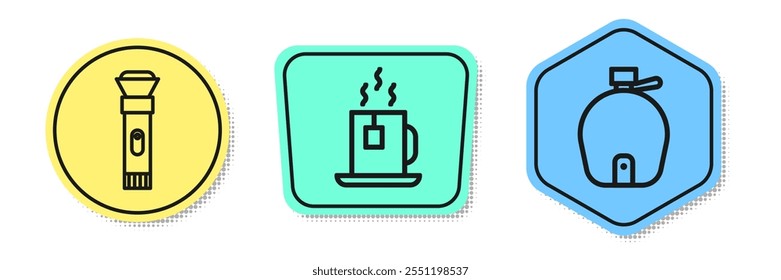 Set line Flashlight, Cup of tea with tea bag and Canteen water bottle. Colored shapes. Vector