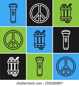Set line Flashlight , Detonate dynamite bomb stick and Peace  icon. Vector