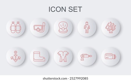 Set line Linterna para buceador, ancla, perla, arpón de pesca, Aqualung, máscara de buceo con snorkel, botas y traje de buceo icono de buceo. Vector