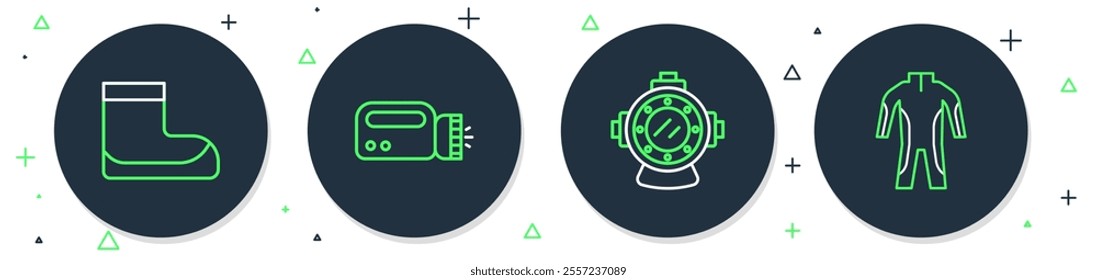 Set line Flashlight for diver, Aqualung, Boots and Wetsuit scuba diving icon. Vector