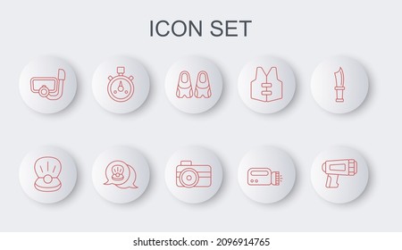 Set line Flashlight for diver, Pearl, Flippers swimming, Diving mask with snorkel, Stopwatch, Scallop sea shell and Photo camera icon. Vector