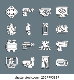 Set line Flashlight for diver, Photo camera, Diving mask, knife, Stopwatch, Lifebuoy and Aqualung icon. Vector