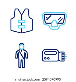 Set line Flashlight for diver, Wetsuit scuba diving, Diving mask and Life jacket icon. Vector