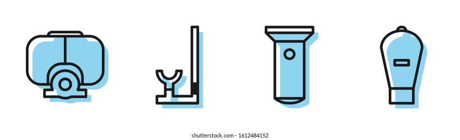 Set line Flashlight, Diving mask, Snorkel and Lift bag icon. Vector