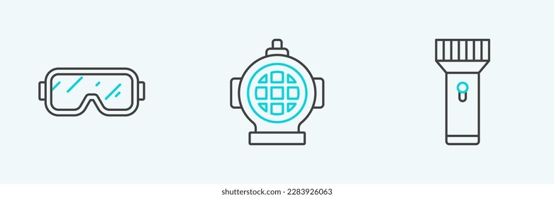 Set line Flashlight, Diving mask and Aqualung icon. Vector