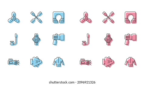 Set line Flashlight, Fish, Boat propeller, turbine, Wetsuit, Diving watch, Snorkel and Paddle icon. Vector
