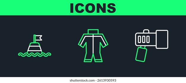 Set line Flashlight, Floating buoy on the sea and Wetsuit icon. Vector