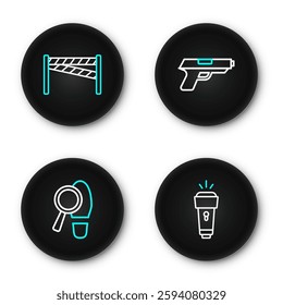 Set line Flashlight, Footsteps, Pistol or gun and Crime scene icon. Vector