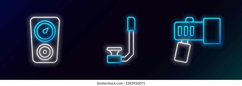 Set line Flashlight, Gauge scale and Snorkel icon. Glowing neon. Vector