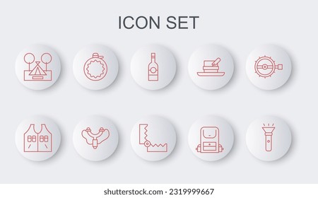 Fijar la línea Linterna, Chaqueta de caza, Botella de vodka, Mochila de senderismo, Tienda de turismo, Botella de agua Canteen, Slingshot e ícono de caza de trampas. Vector