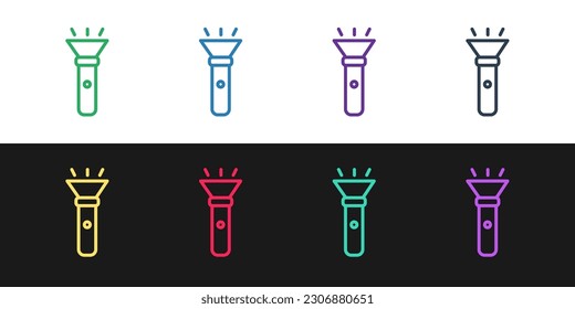 Set line Flashlight icon isolated on black and white background.  Vector