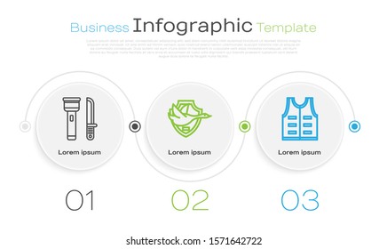 Set line Flashlight and knife, Flying duck on shield and Hunting jacket. Business infographic template. Vector