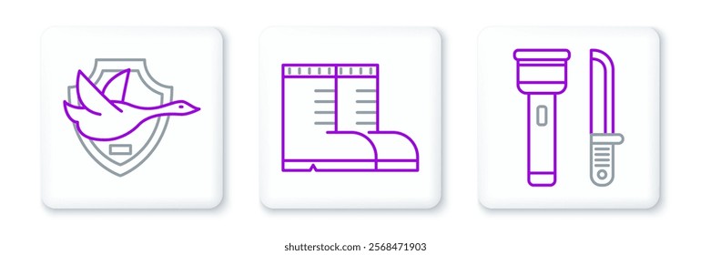 Set line Flashlight and knife, Flying duck on shield and Hunter boots icon. Vector