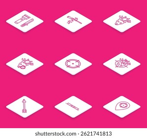 Set line Flashlight and knife, Gun shooting, Deer head with antlers, Hunt on deer crosshairs, Target sport for competition, Hipster arrow and Trap hunting icon. Vector