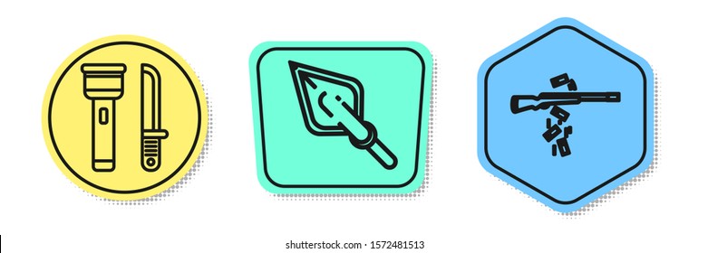 Set line Flashlight and knife, Hipster arrow tip and Gun shooting. Colored shapes. Vector