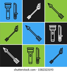 Set line Flashlight and knife, Hipster arrow and Flame arrow icon. Vector