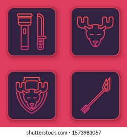Set line Flashlight and knife, Moose head on shield, Moose head with horns and Flame arrow. Blue square button. Vector