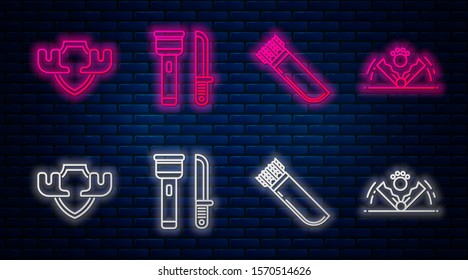 Set line Flashlight and knife, Quiver with arrows, Moose horns on shield and Trap hunting. Glowing neon icon on brick wall. Vector