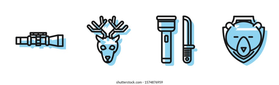 Set line Flashlight and knife, Sniper optical sight, Deer head with antlers and Bear head on shield icon. Vector