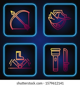 Set line Flashlight and knife, Trap hunting, Bow and arrow in quiver and Flying duck on shield. Gradient color icons. Vector