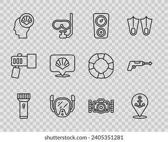 Set line Flashlight, Location with anchor, Gauge scale, Diving mask, Scallop sea shell, Photo camera and Fishing harpoon icon. Vector