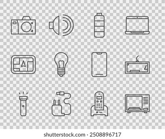 Definir linha Lanterna, Micro-ondas, Indicador de nível de carga da bateria, Carregador, Câmera fotográfica, Lâmpada com conceito de ideia, Telefone e ícone do teclado. Vetor