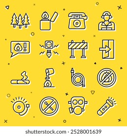Set line Flashlight, No fire, Fire exit, Telephone call 911, Electricity spark, Forest and Road barrier icon. Vector