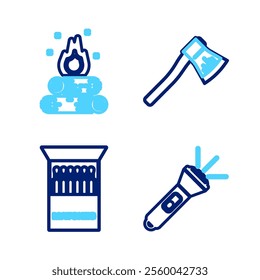 Set line Flashlight, Open matchbox and matches, Wooden axe and Campfire icon. Vector