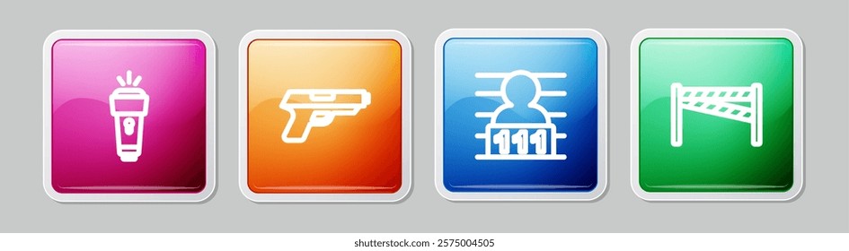 Set line Flashlight, Pistol or gun, Suspect criminal and Crime scene. Colorful square button. Vector