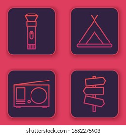 Set line Flashlight, Radio with antenna, Tourist tent and Road traffic signpost. Blue square button. Vector