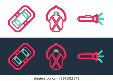 Set line Flashlight, Rafting boat and Canteen water bottle icon. Vector