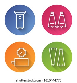 Set line Flashlight, Rubber flippers for swimming, Gauge scale and Rubber flippers for swimming. Color circle button. Vector