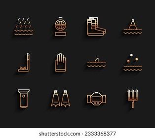 Set line Flashlight, Rubber flippers for swimming, Rain and waves, Diving watch, Neptune Trident, Gloves, Cold and Shark fin ocean icon. Vector