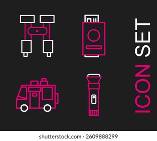 Set line Flashlight, Rv Camping trailer, Passport with ticket and Binoculars icon. Vector