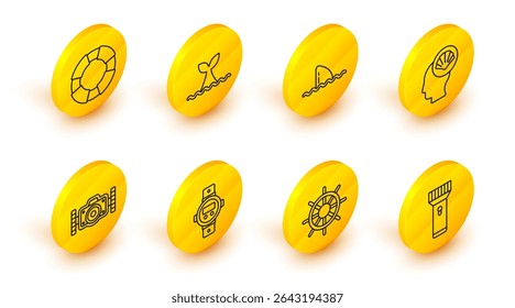 Set line Flashlight, Ship steering wheel, Diving watch, Photo camera, Scallop sea shell, Shark fin ocean wave, Whale tail and Lifebuoy icon. Vector