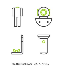 Set line Flashlight, Snorkel, Aqualung and Wetsuit for scuba diving icon. Vector