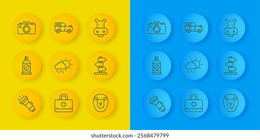 Set line Flashlight, Spray against insects, Cloud with rain, Wild lion, Road traffic sign, Photo camera, Hippo or Hippopotamus and Off road car icon. Vector