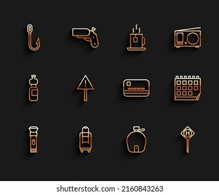 Set line Flashlight, Suitcase, Fishing hook, Canteen water bottle, Parking, Exclamation mark triangle, Calendar and Credit card icon. Vector