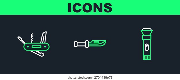 Set line Flashlight, Swiss army knife and Camping icon. Vector
