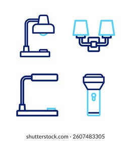 Set line Flashlight, Table lamp, Wall or sconce and  icon. Vector