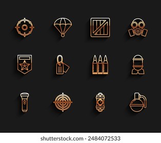 Set line Flashlight, Target sport for shooting competition, Detonate dynamite bomb stick and timer clock, Hand grenade, Military dog tag, Aviation and Bullet icon. Vector