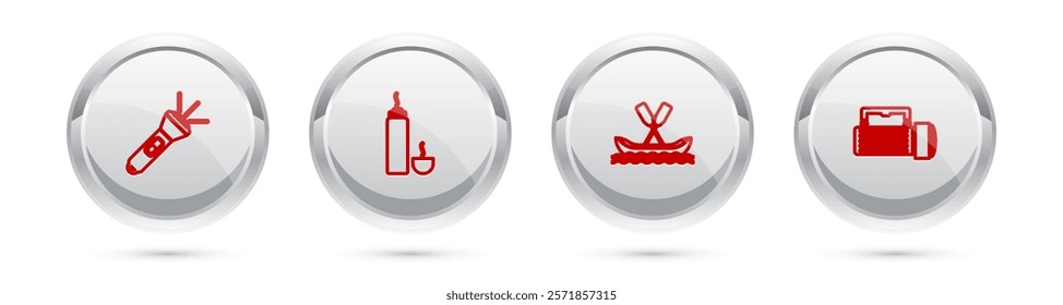 Set line Flashlight, Thermos container, Rafting boat and . Silver circle button. Vector