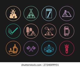Set línea linterna, contenedor termo, caja de cerillas abierta y fósforos, tienda de turismo, ardiendo con fuego, fogata, bandera e icono. Vector